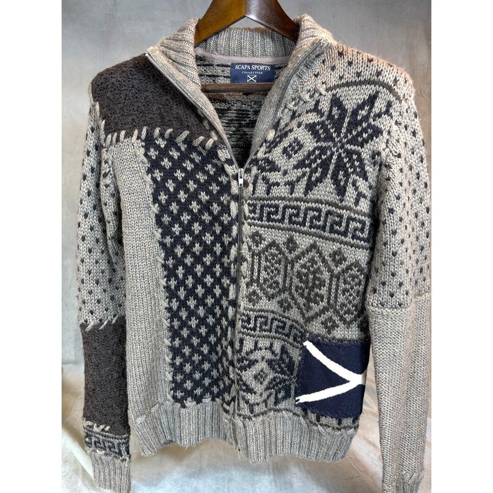 SCAPA Wool Alpaca Womens Sweater Cardigan Fair Isle Patchwork Scottish Flag   M